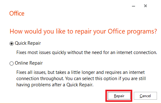 click on Repair to start the process