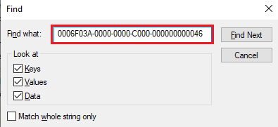 Press Ctrl + F to launch the Find window and enter the following key in the search box 0006F03A-0000-0000-C000-000000000046 