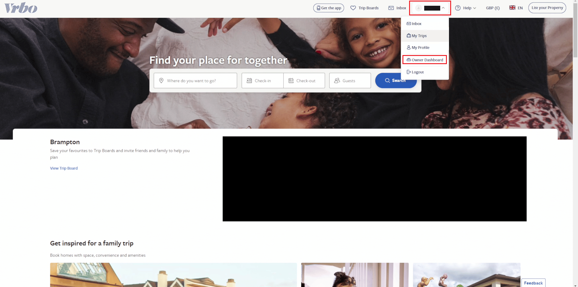 click on your Profile name - Owner Dashboard | VRBO customer service