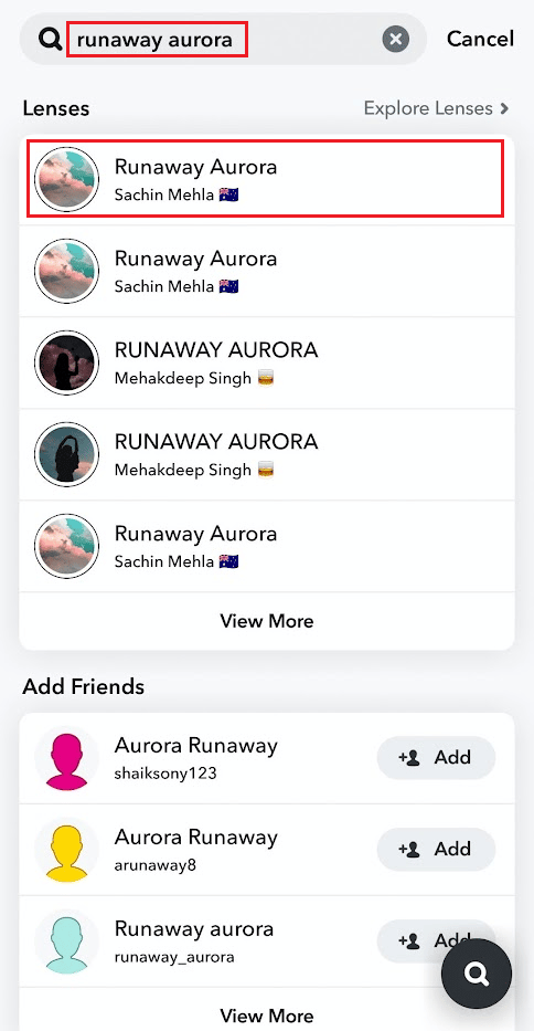 Search for Runaway Aurora and tap on the top lens from the search results