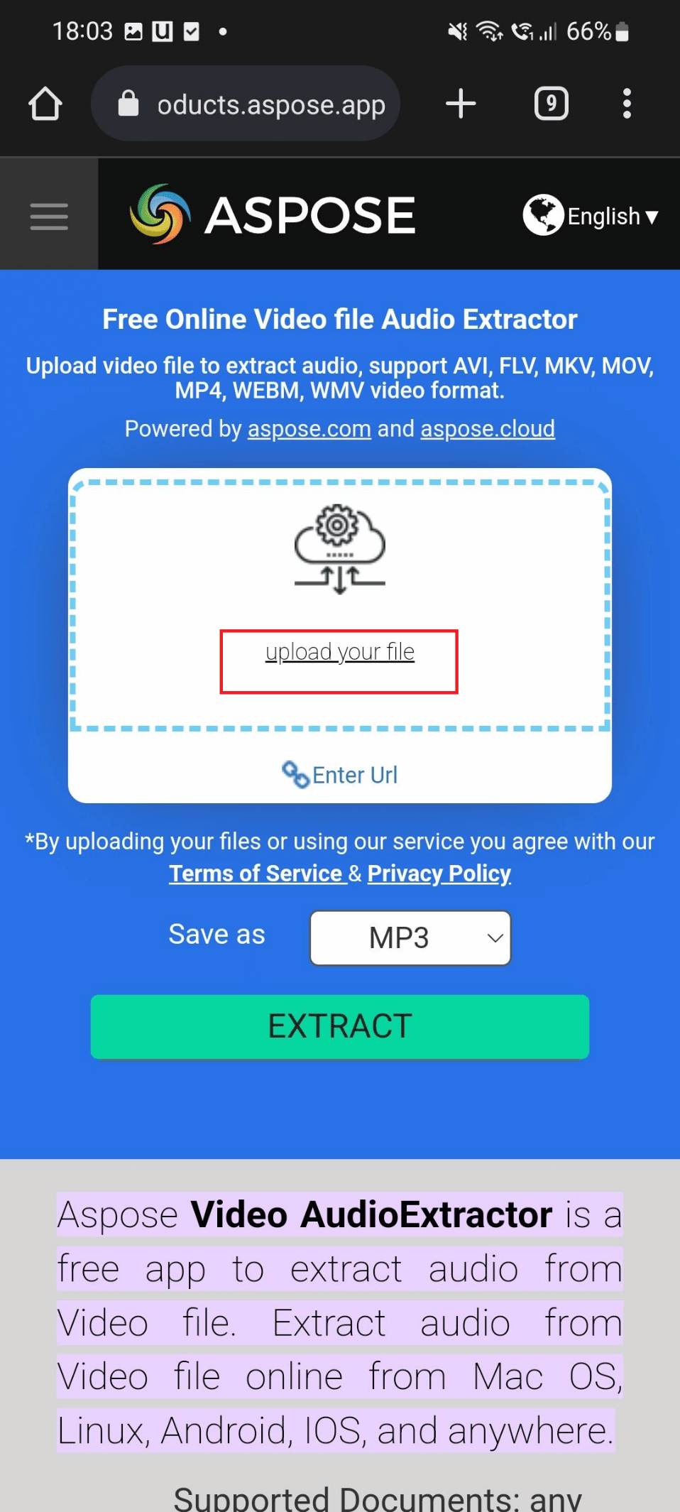 upload your file on aspose