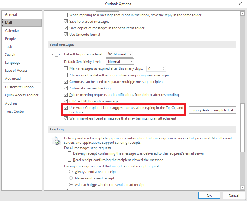 check the Use Auto-Complete List to suggest names when typing in the To, Cc, and Bcc lines