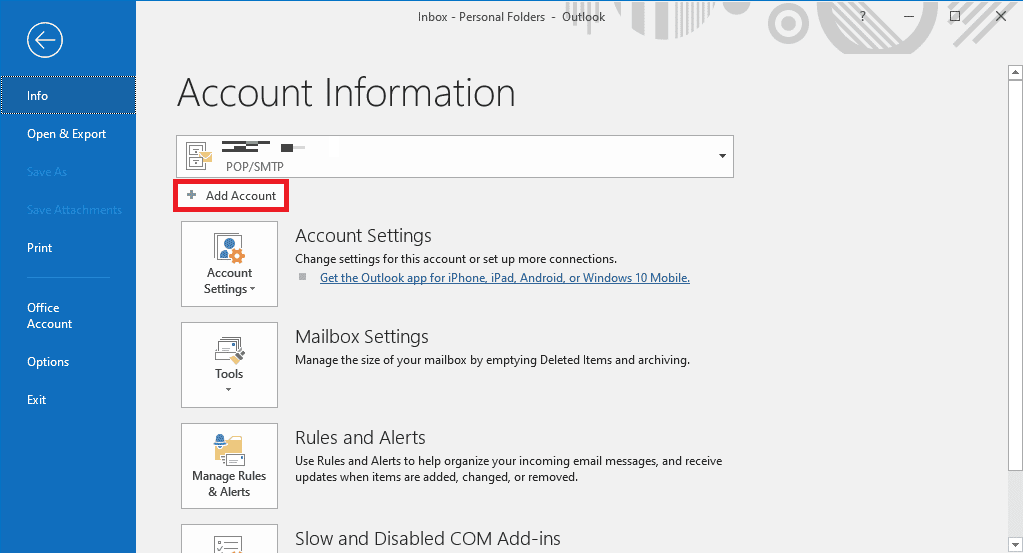 locate and click on Add Account. Fix Outlook AutoComplete Not Working Correctly
