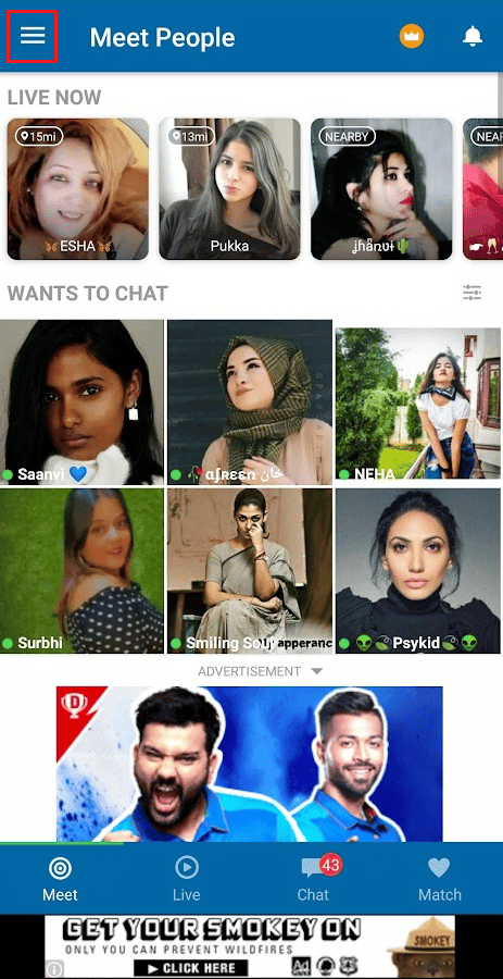 tap on the Hamburger icon from the top left corner of the screen | How to Delete Skout Account
