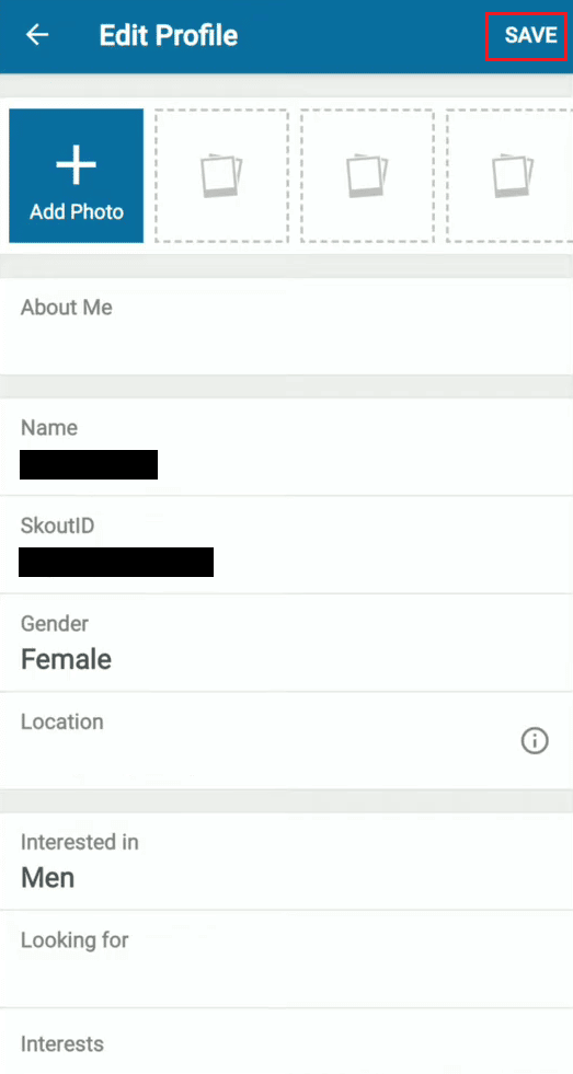tap on SAVE from the Edit Profile menu screen | How to Delete Skout Account