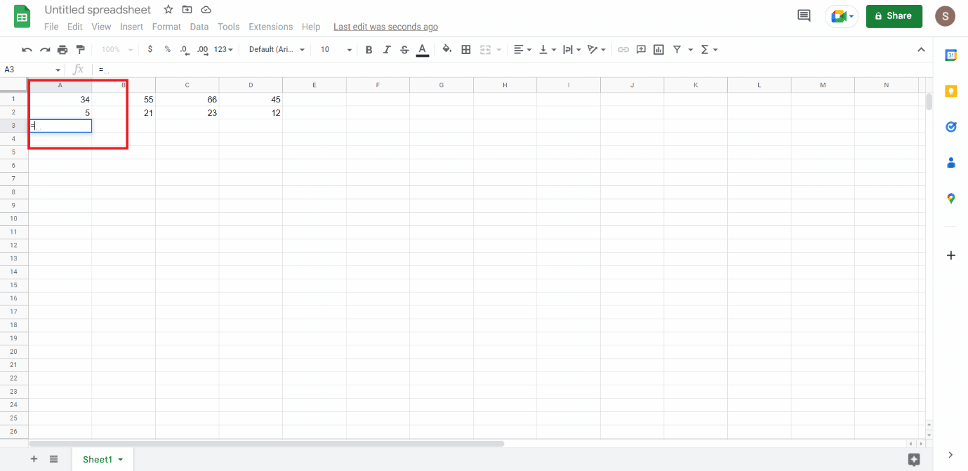 Type the (=) sign below the row cell you want to subtract