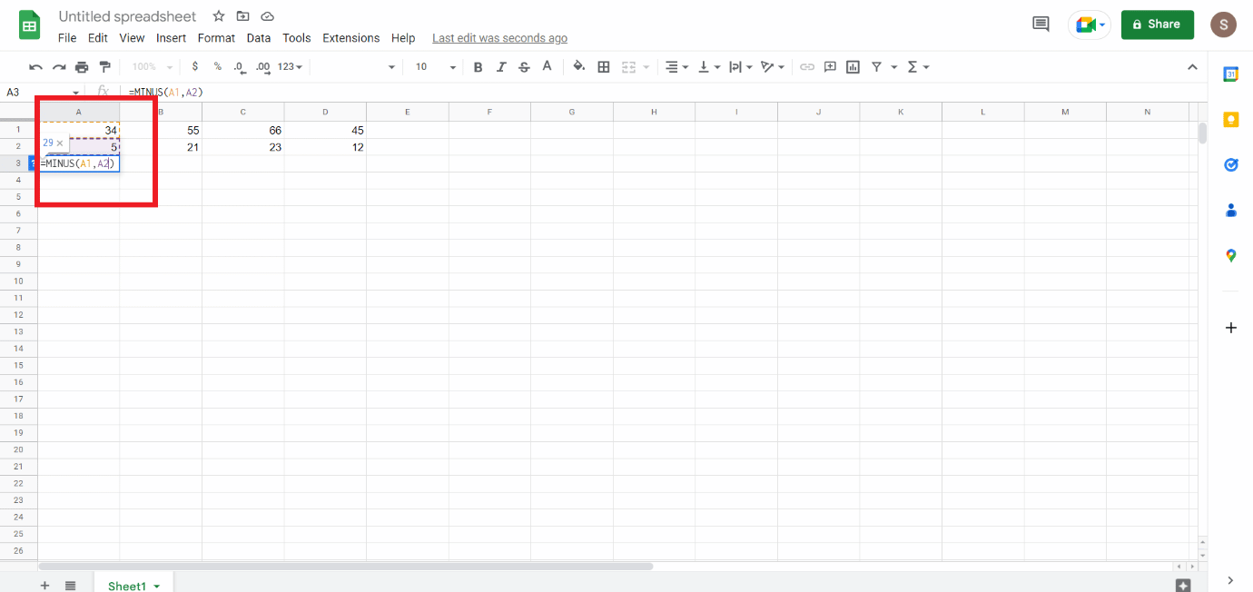 Click on another cell you want to get subtracted | How to Subtract in Google Sheets