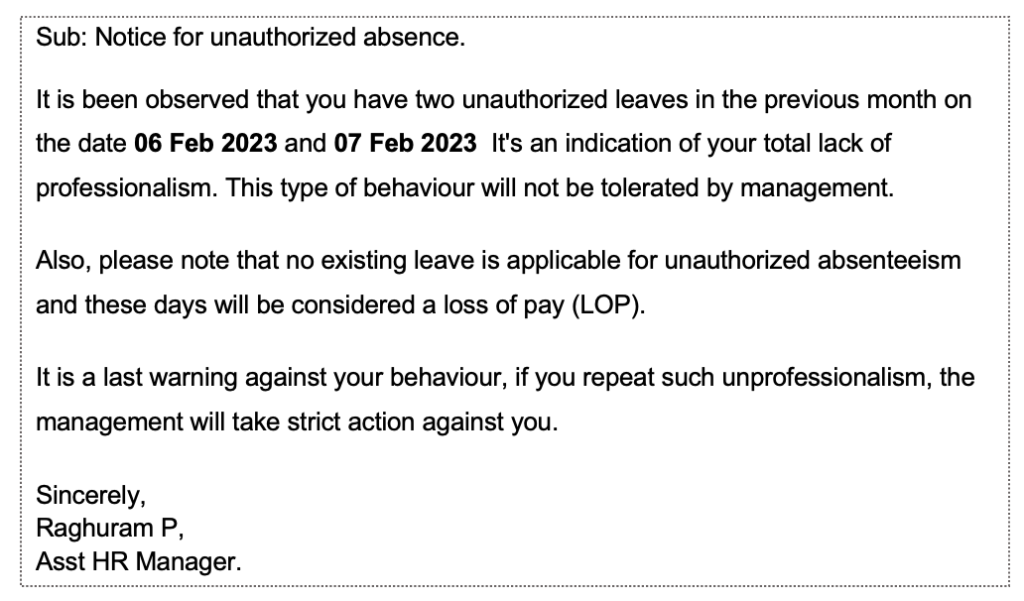 Warning mail to employee for leave without permission