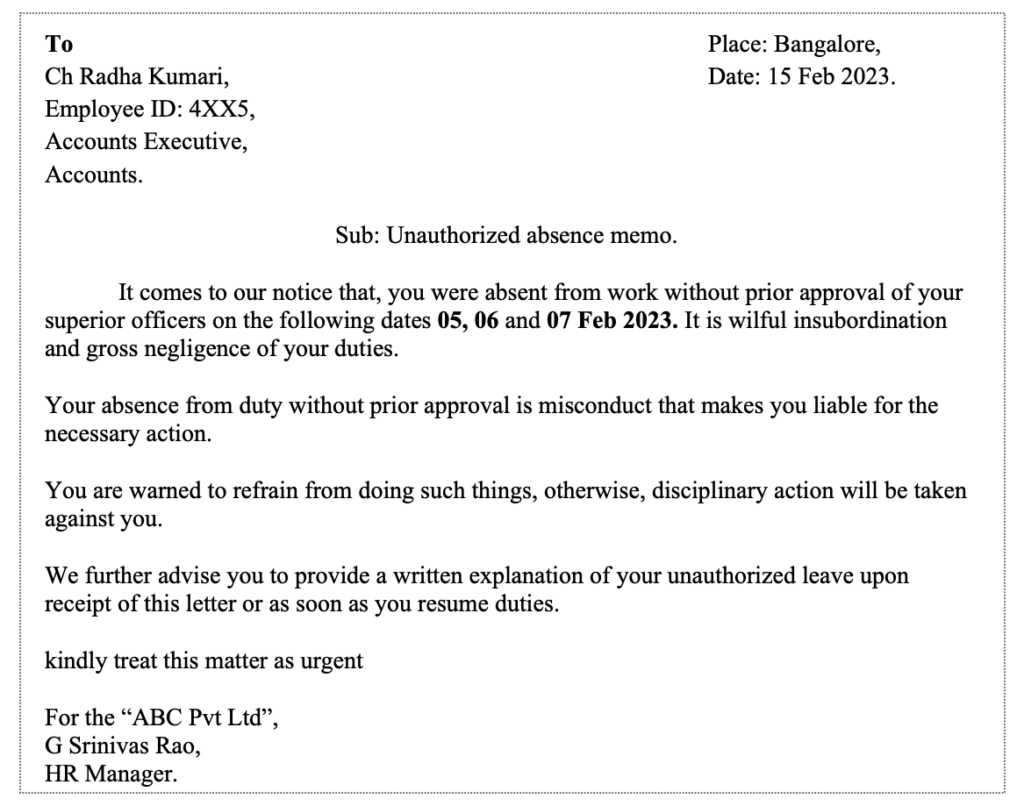 Memo for leave without permission