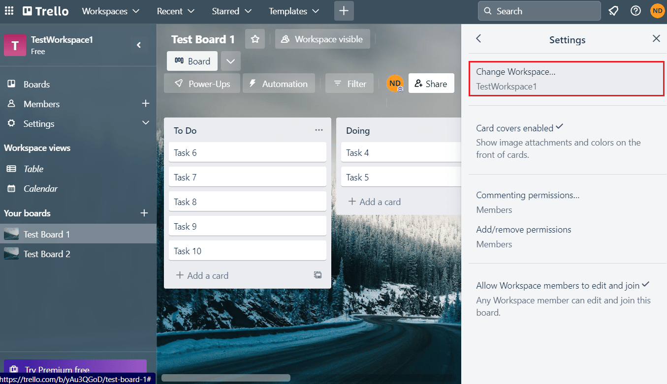 Click on the Change Workspace... option