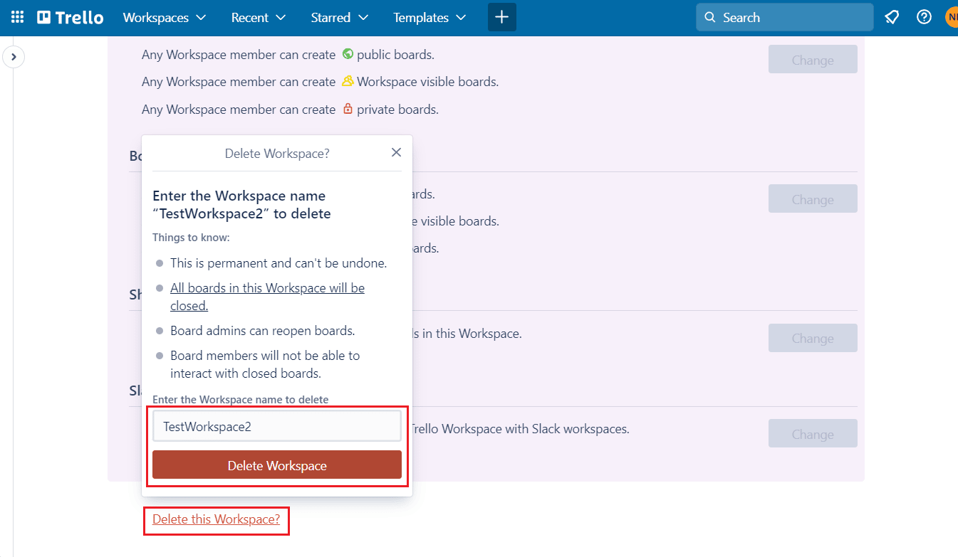Delete this Workspace - workspace name - Delete Workspace | Can You Delete Trello Board?