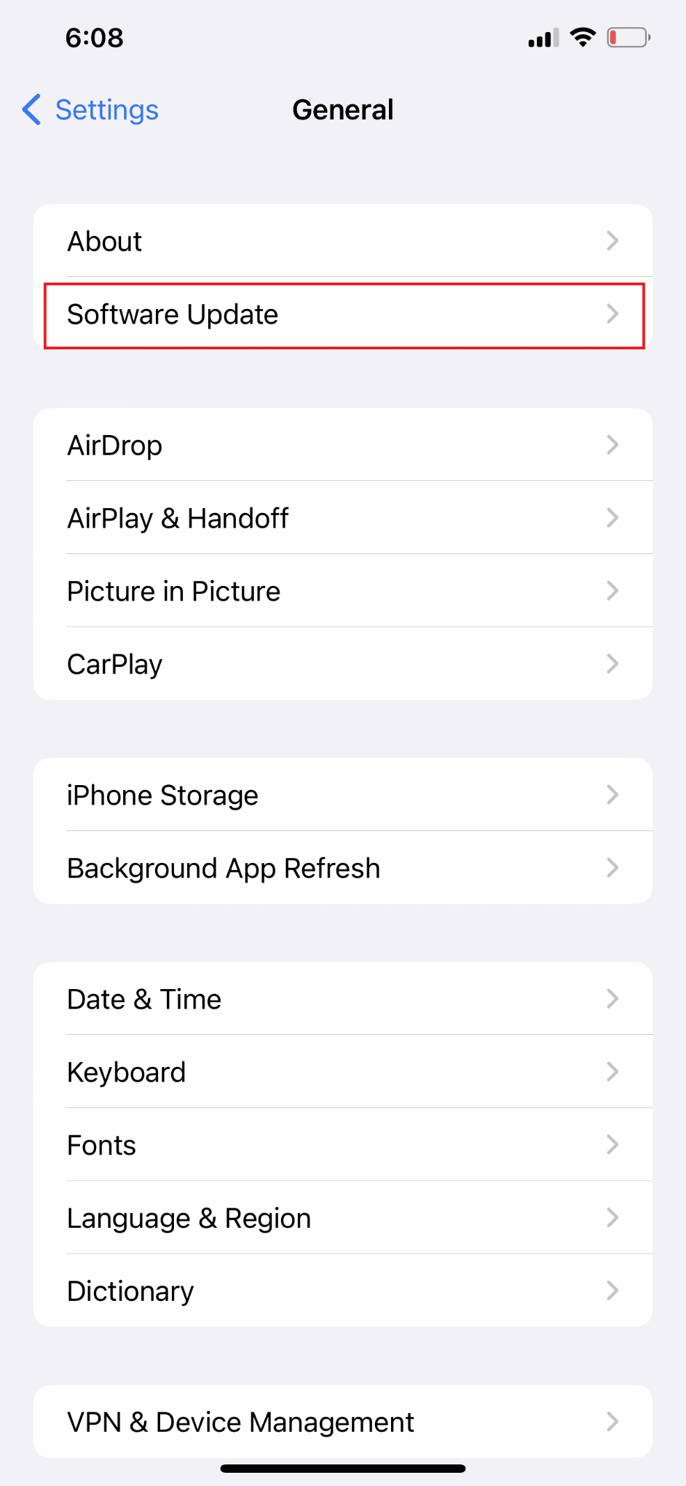 Select Software Update from the menu