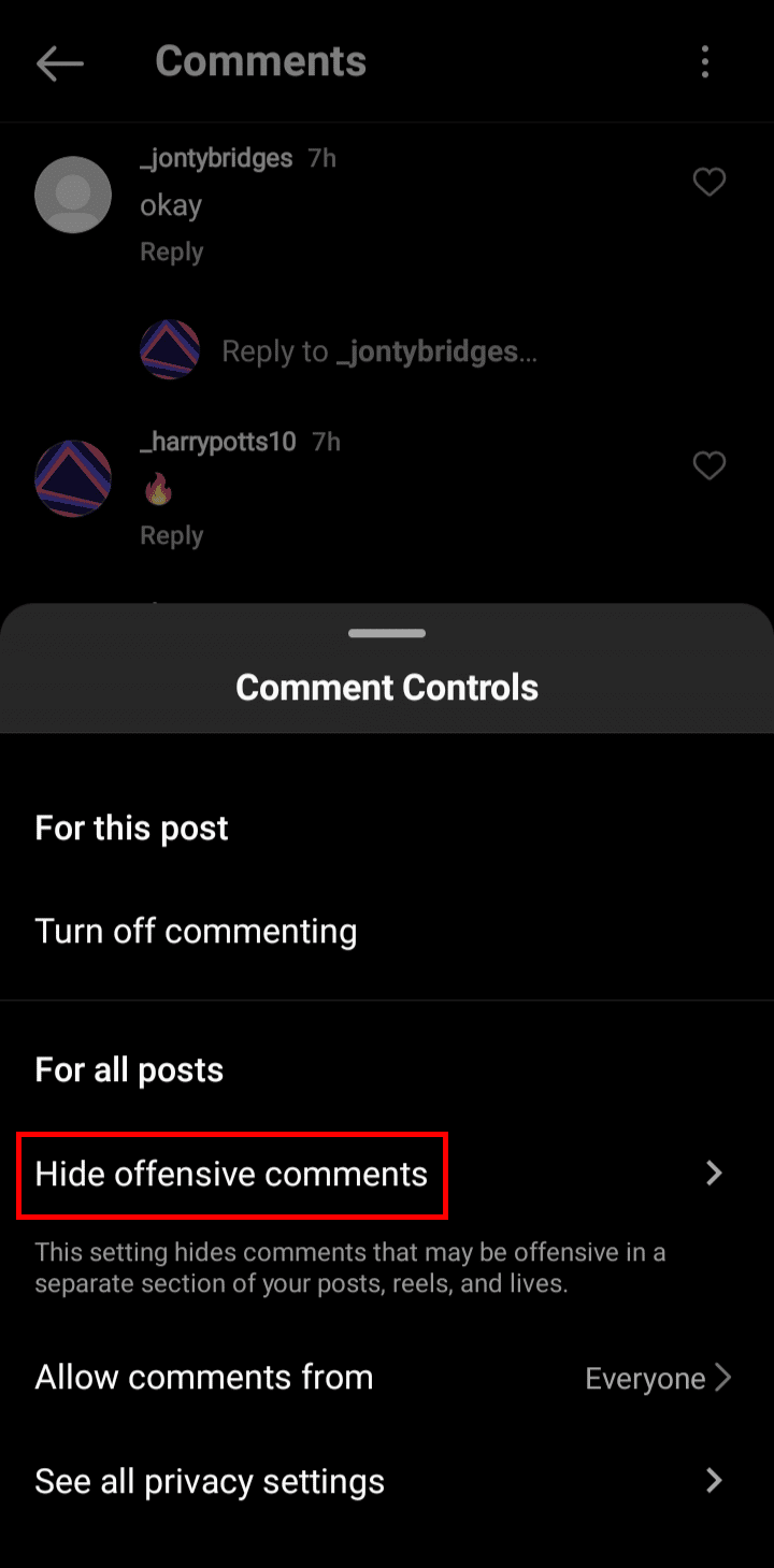 Tap on the Hide offensive comments option from the menu that appeared at the bottom.