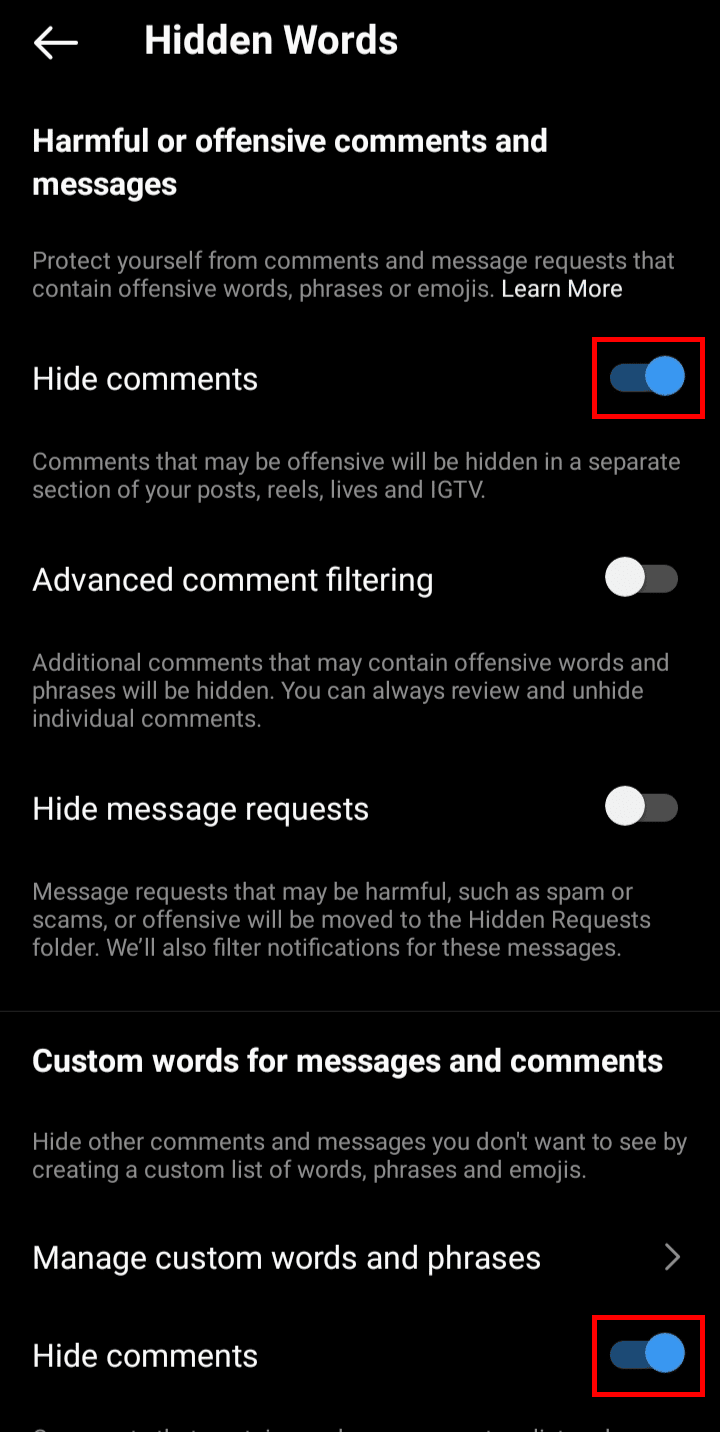 Turn off the toggle switch beside the Hide comments option to unhide the hidden comments. | app to see deleted comments on Instagram