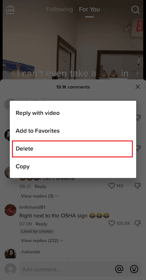 From the popup menu, tap on Delete | How to Find Your Comments on TikTok