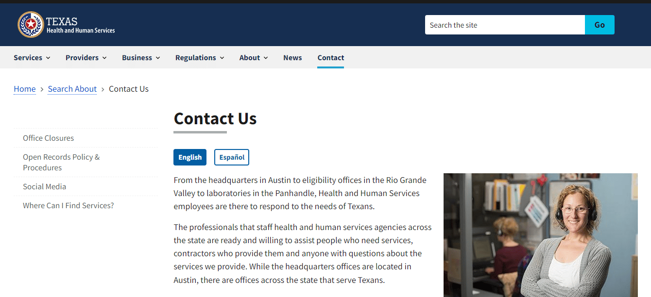 HHS texas contact us page