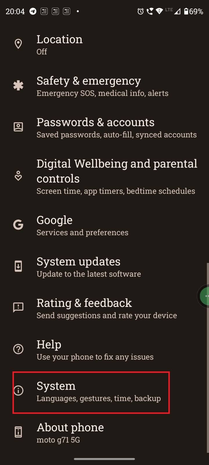 Scroll down and locate system setting