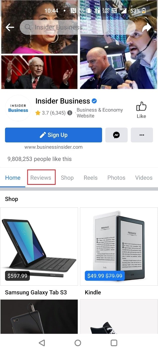 Tap on Reviews | How to Leave a Review on Facebook App