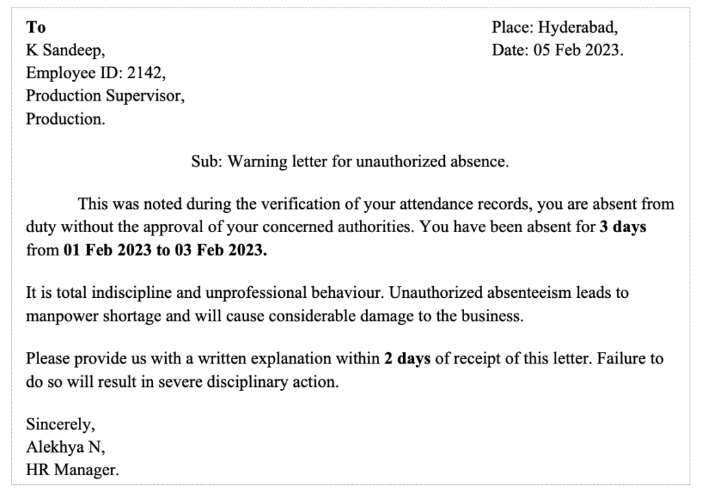 Warning letter to employee for leave without permission