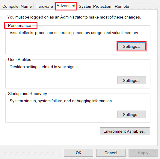 Go to the Advanced tab and click on the Settings button under the Performance section
