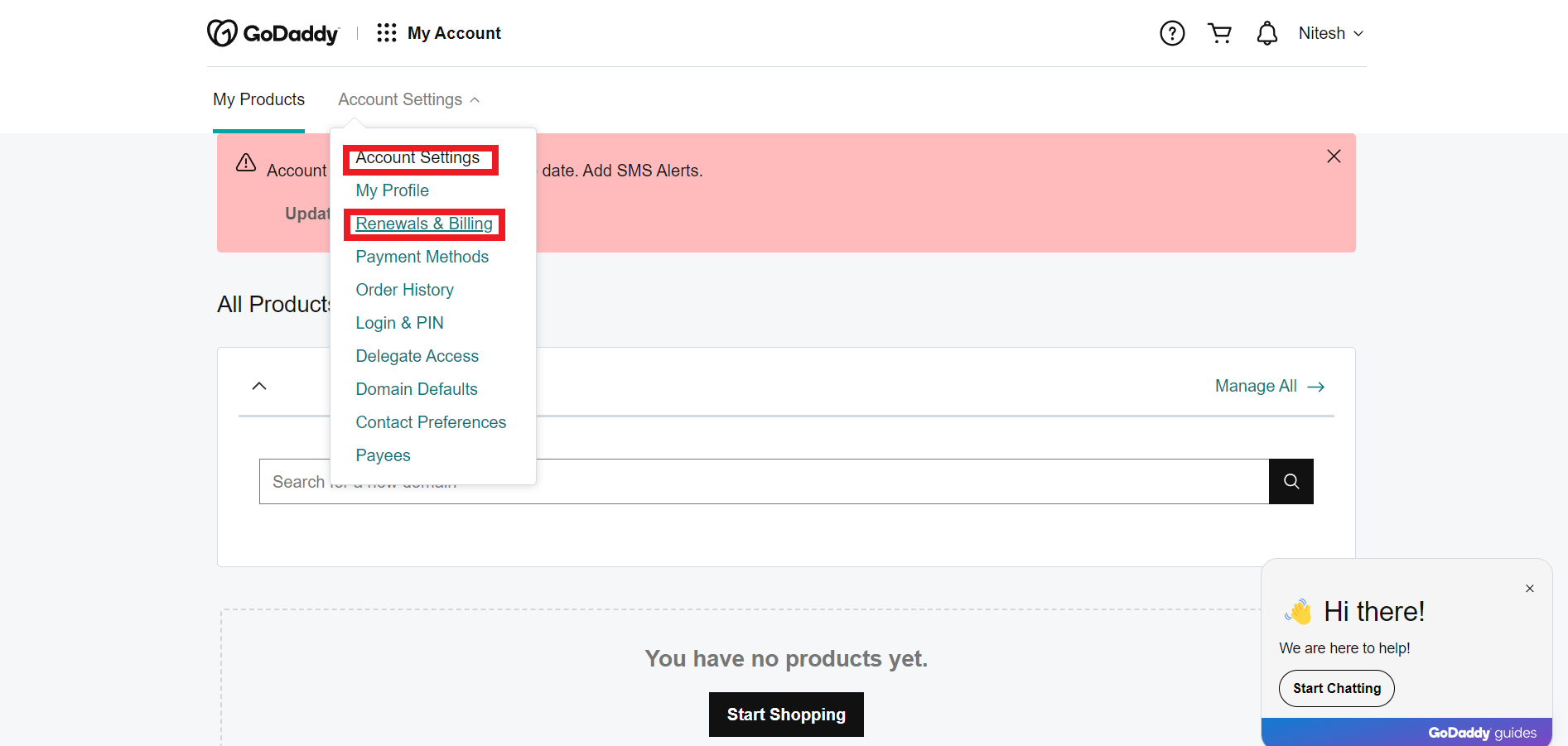 Then go to Account Settings and choose the Renewal & Billing option from the drop-down menu. | How to Delete GoDaddy Domain