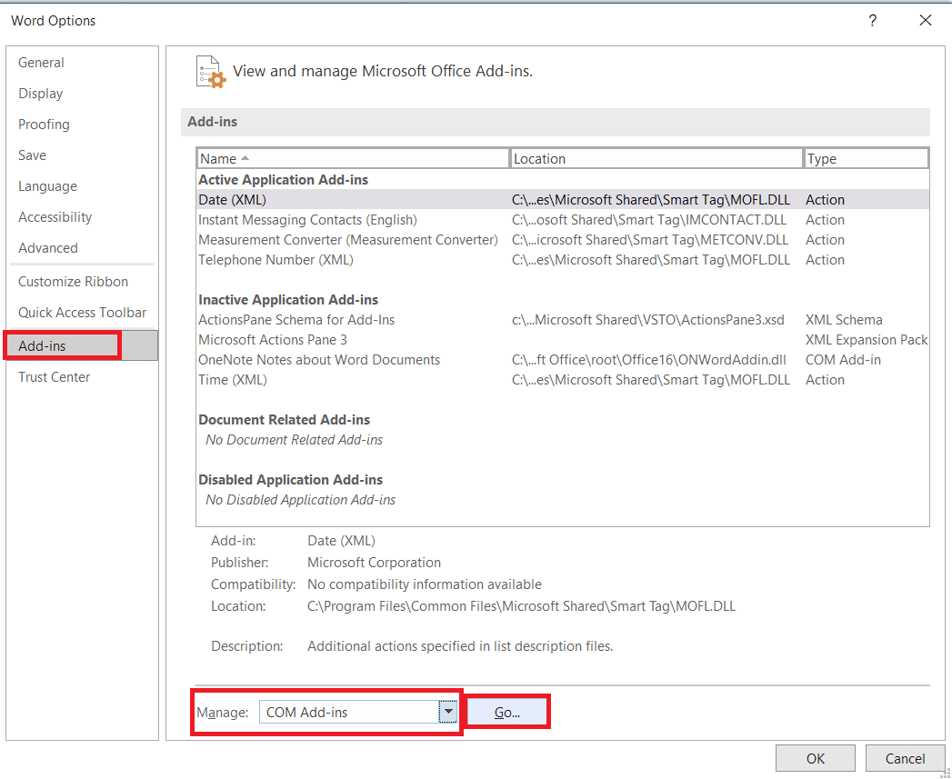 Manage COM Add-ins MS Word Options