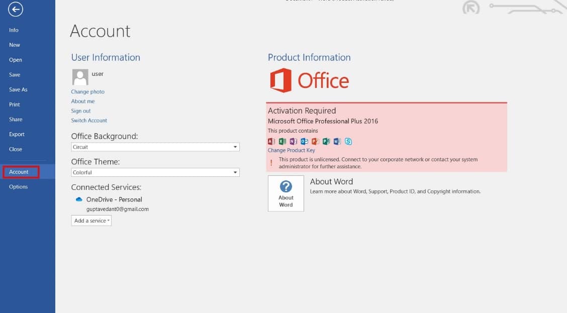 select Account in file option ms word