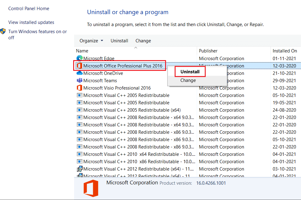 right click on microsoft office and select uninstall option in programs and features uninstall a program menu