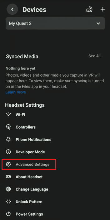 tap on Advanced Settings on Oculus app
