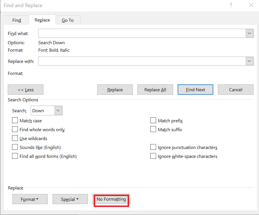 Click No Formatting at the bottom of the dialog box