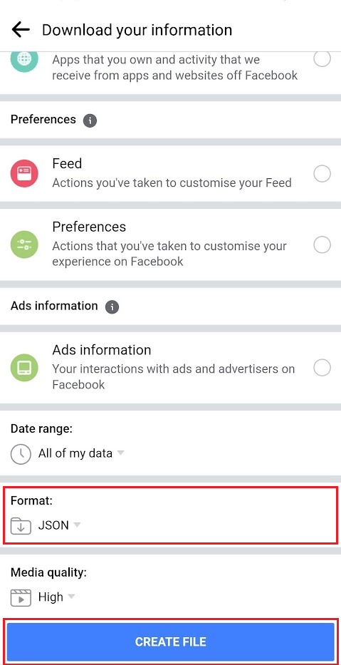 Swipe all the way down to select the JSON format and tap on CREATE FILE