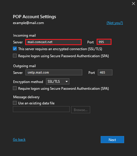 change POP server name and port number