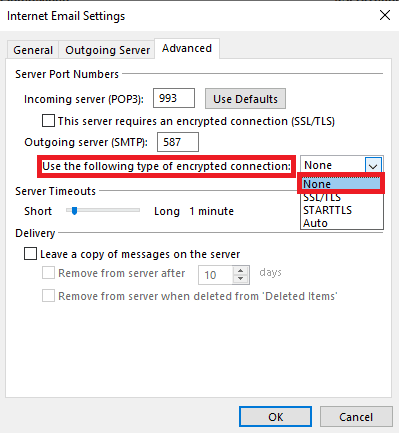 locate the Use the following type of encrypted connection and select SSL/TLS