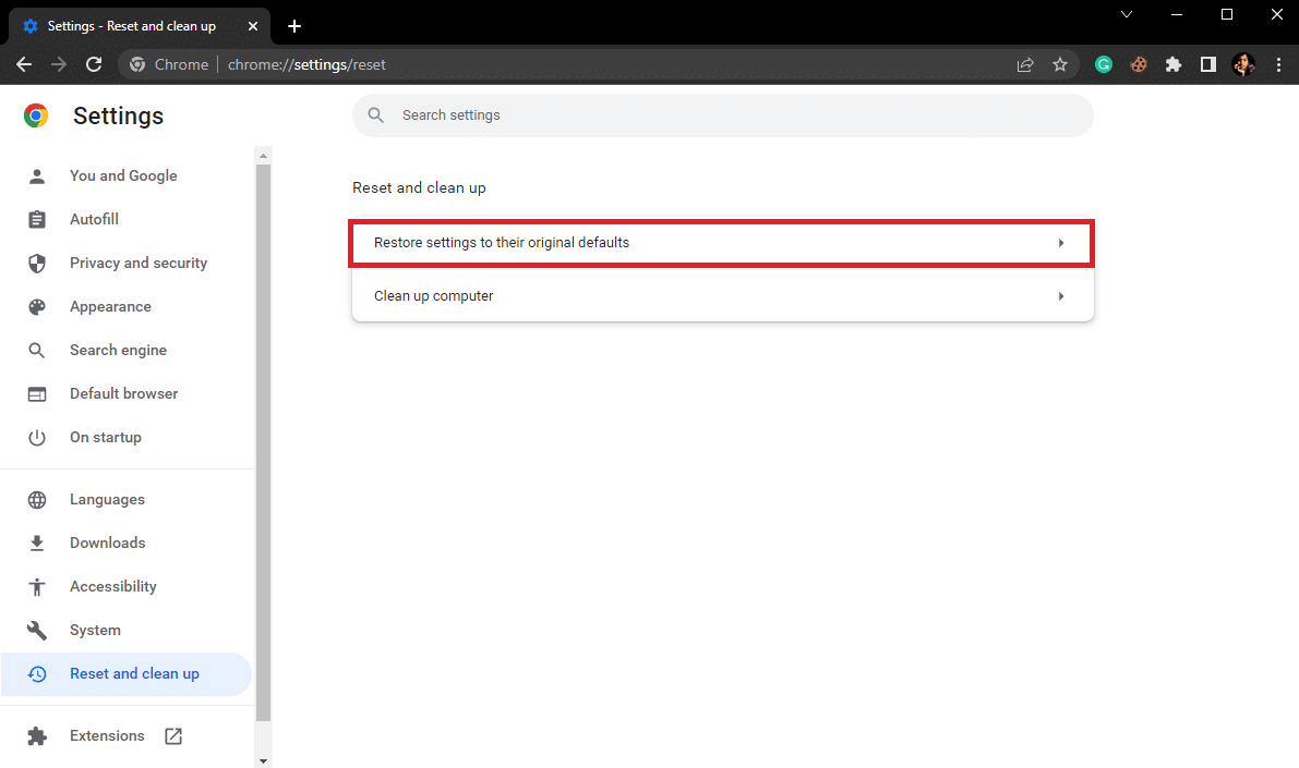 click on the Restore settings to their original defaults button
