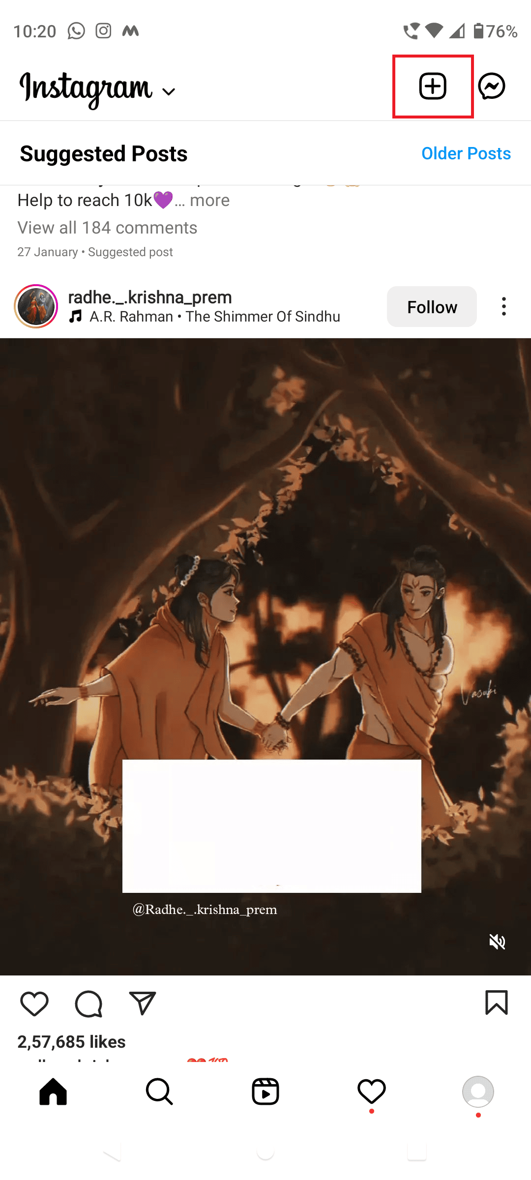 Tap on the + icon on instagram
