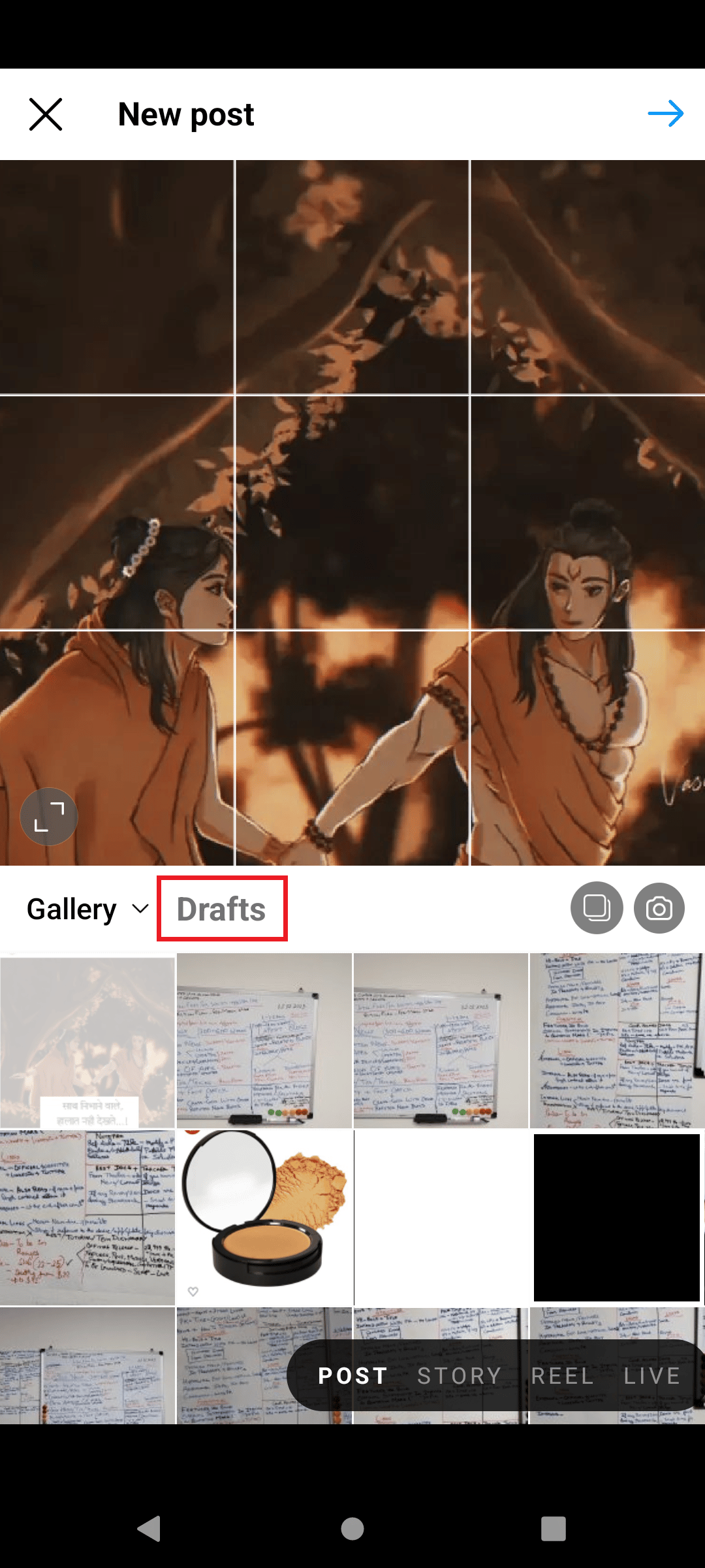tap on Drafts on instagram
