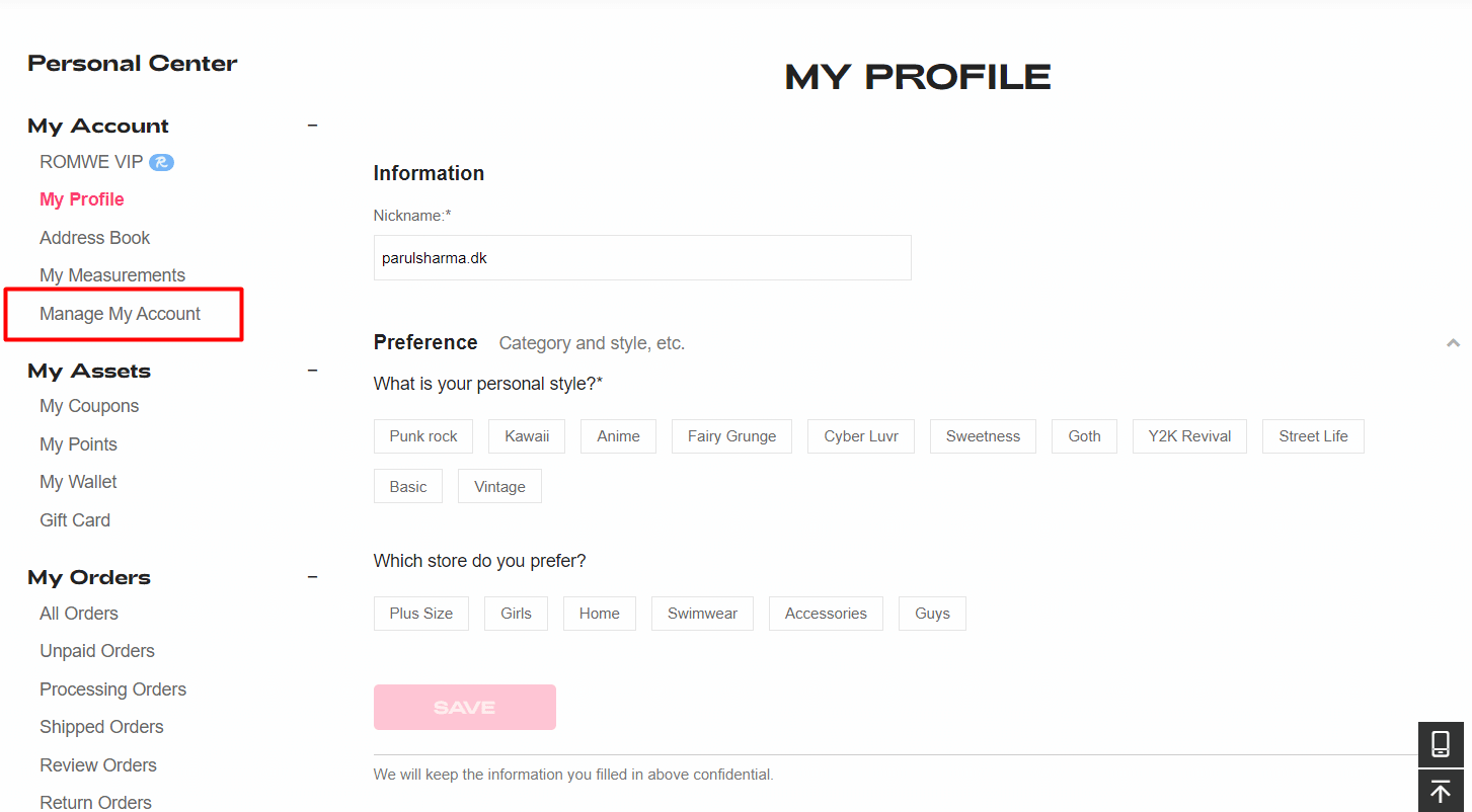  click on Manage My Account on romwe