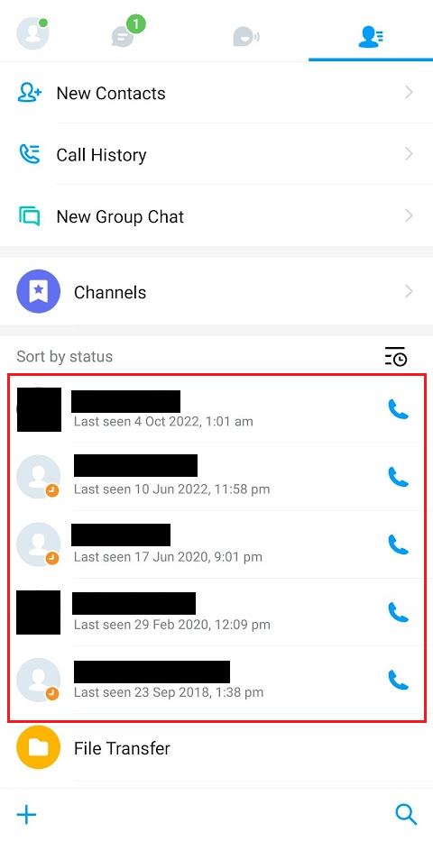 Swipe down to see all the imo contacts
