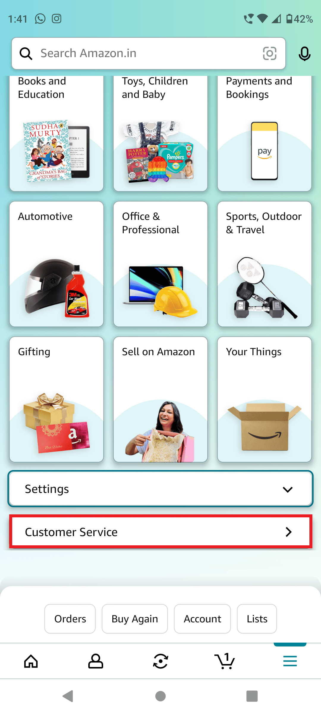 choose the Customer Service option on amazon