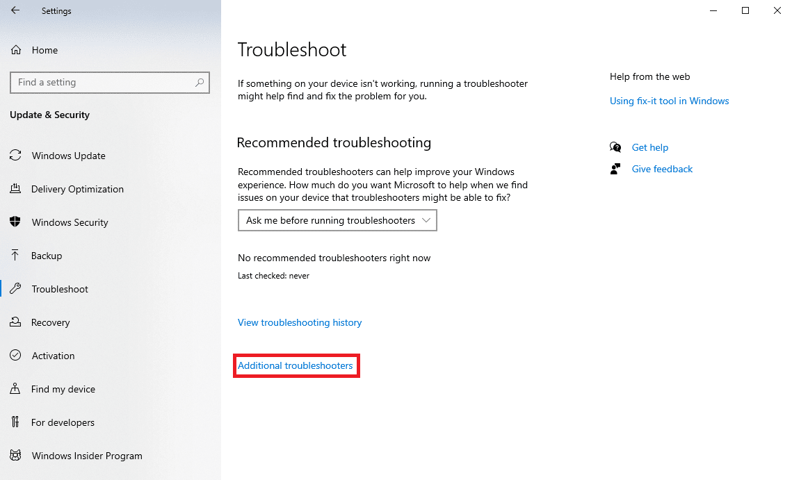 locate and click on Additional troubleshooters