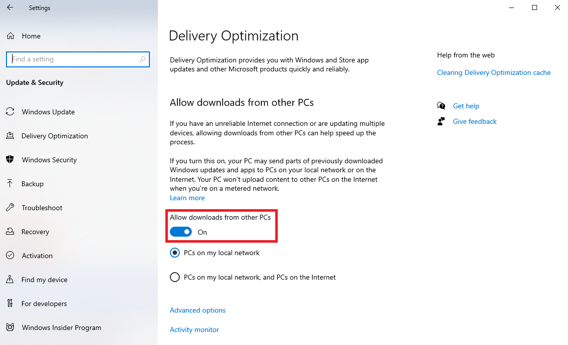 locate and enable the Allow downloads from other PCs