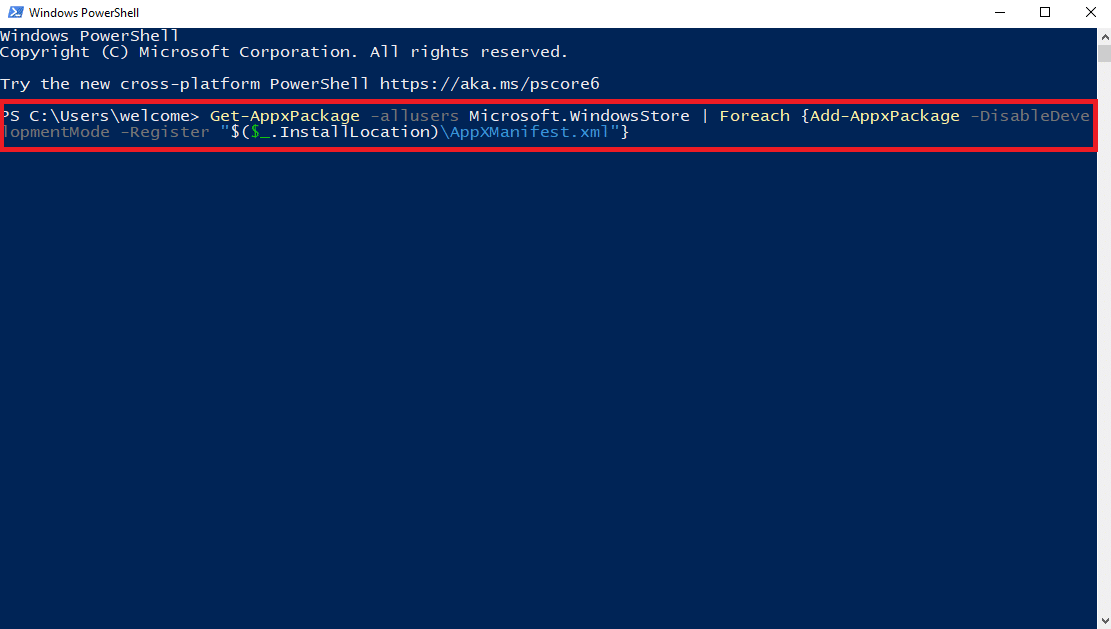 reinstall microsoft store command