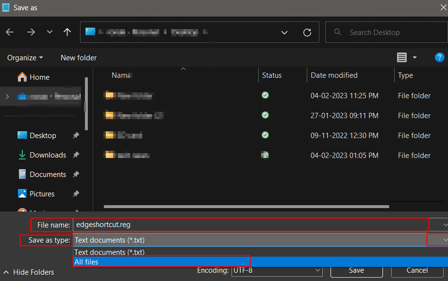 File saved in .reg format as All files