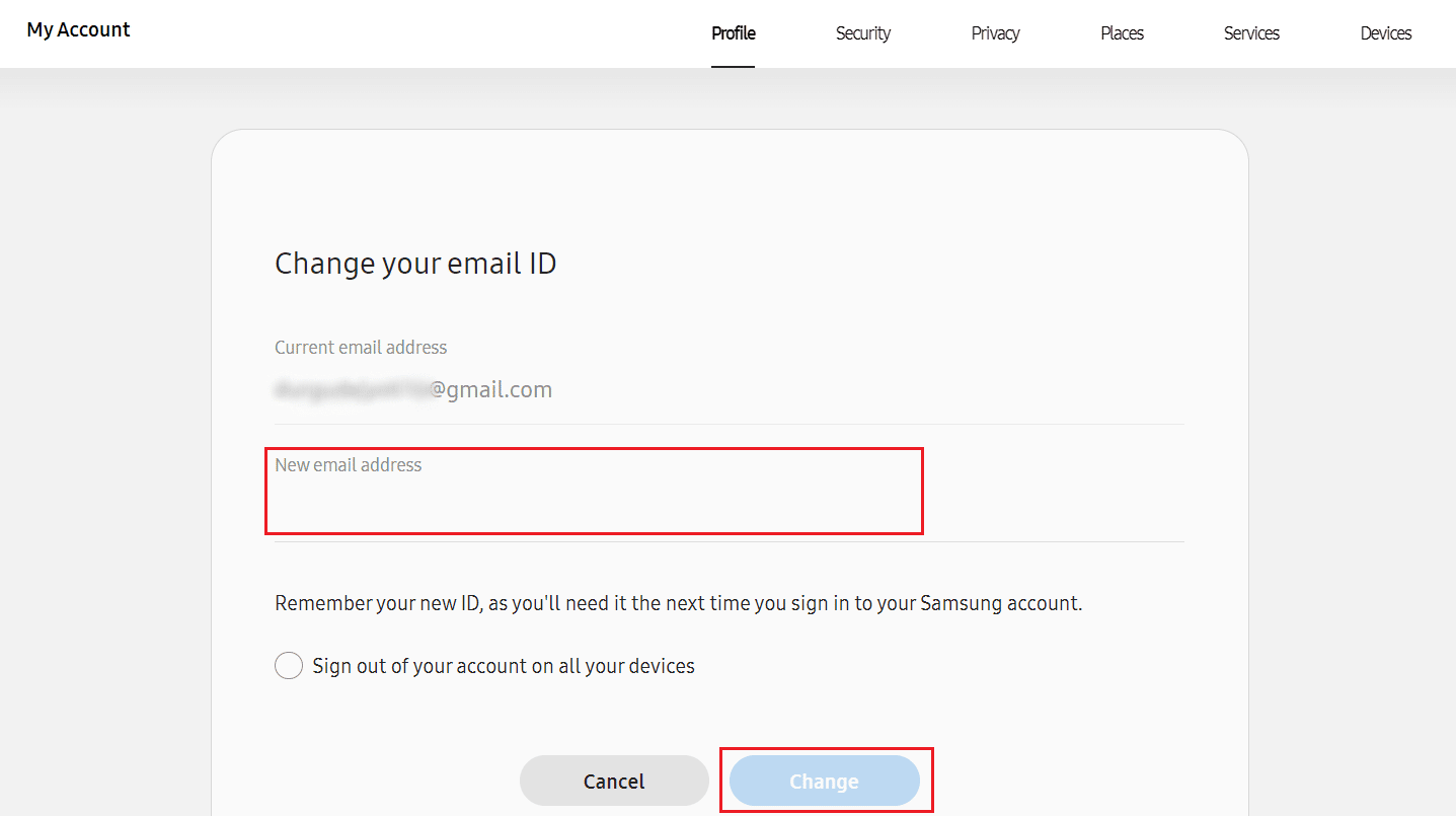 Enter the new email address in the respective field and click on Change