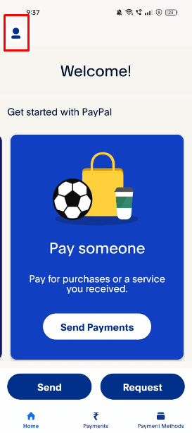 Tap on the profile pic icon present at the top-left corner of the home screen | How to Delete PayPal History | hide PayPal transactions