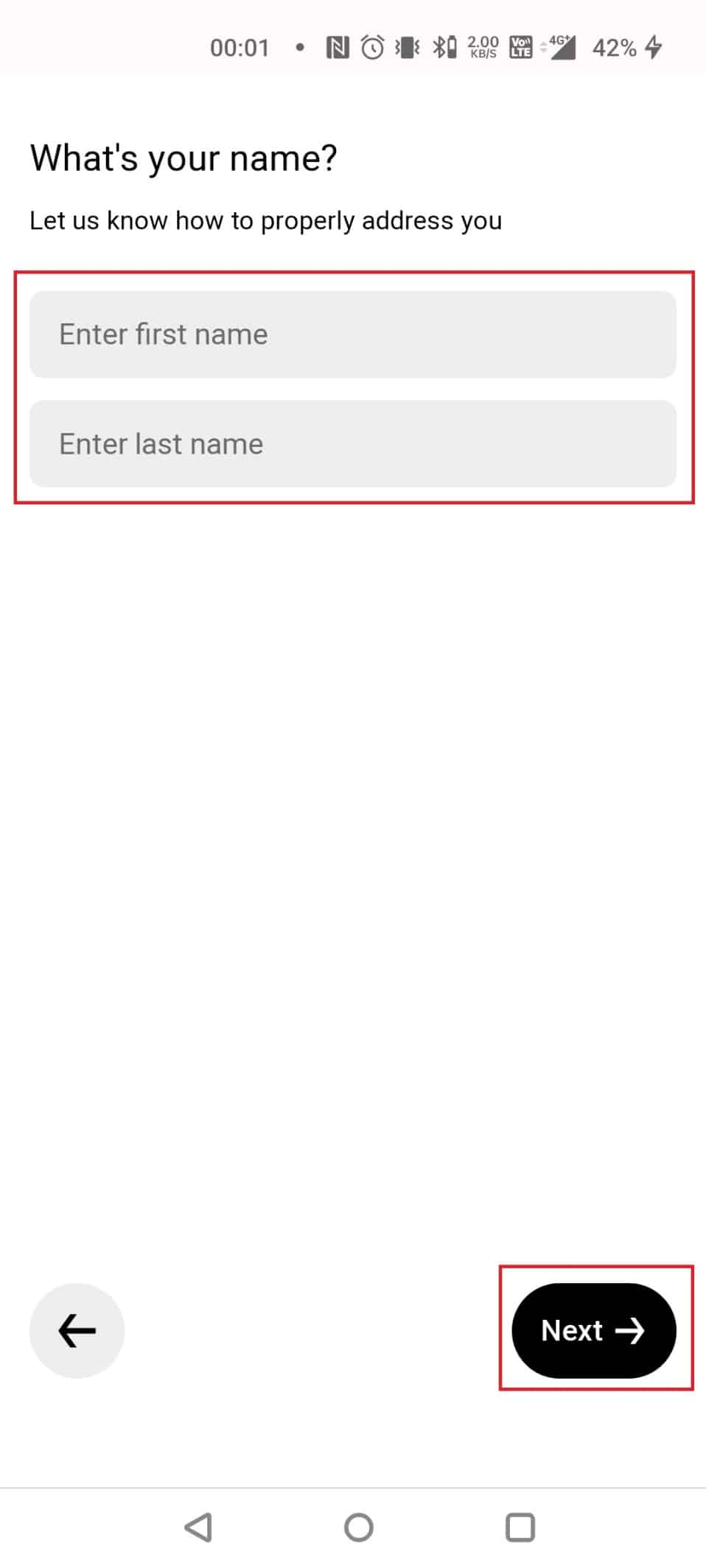 Enter your first and last names. Tap on Next
