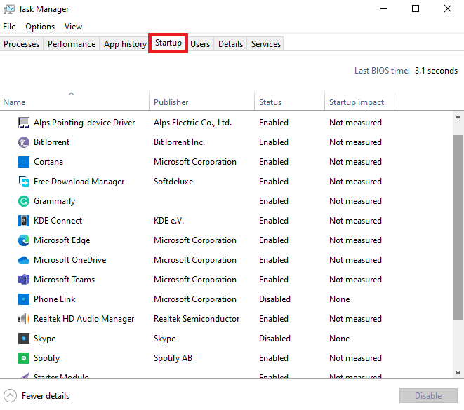 Navigate to the Startup tab