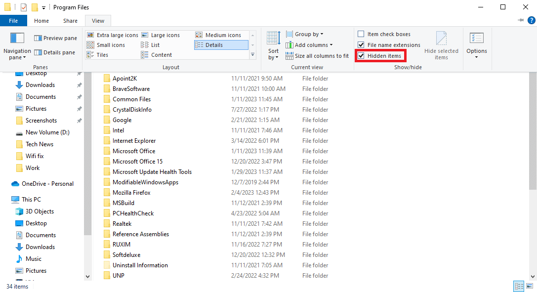 Locate and check the box for Show hidden items