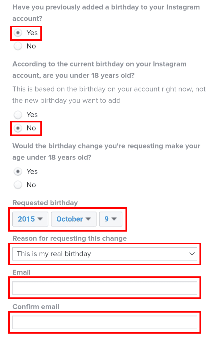 Select the options Yes, No, Yes, enter your date of birth, reason for change, and email.