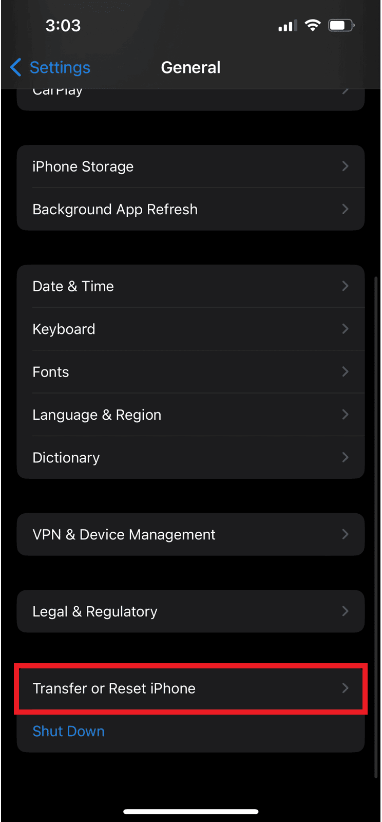 Tap on Transfer or Reset iPhone option.